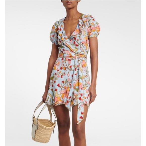 Poupette St. Barth Size Large Aude Wrap Mini Dress Blue Floral Ruffle Feminine - Picture 1 of 12